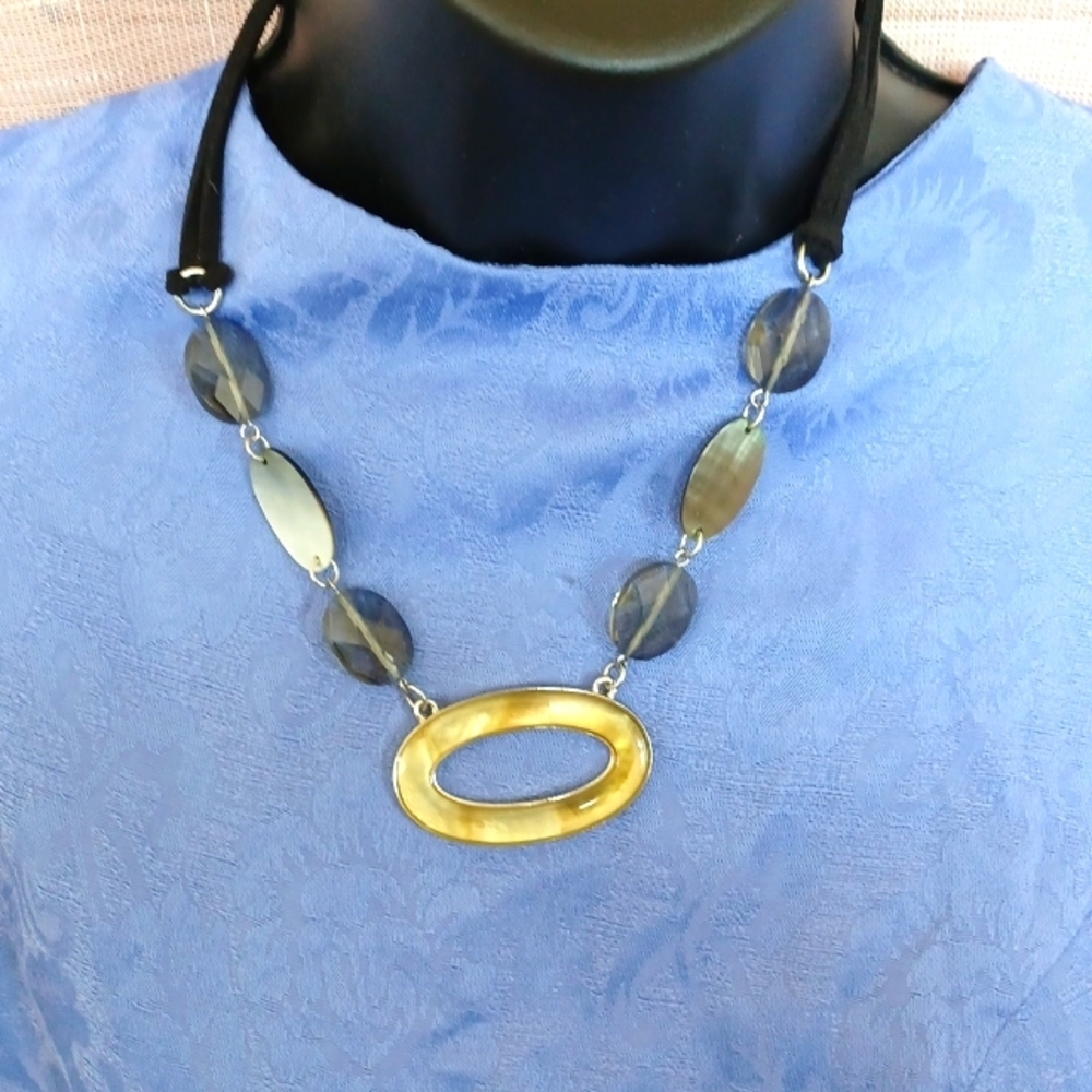 Lia Sophia Necklace Beaded with Oval Pendent, mother of pearl and Leather
